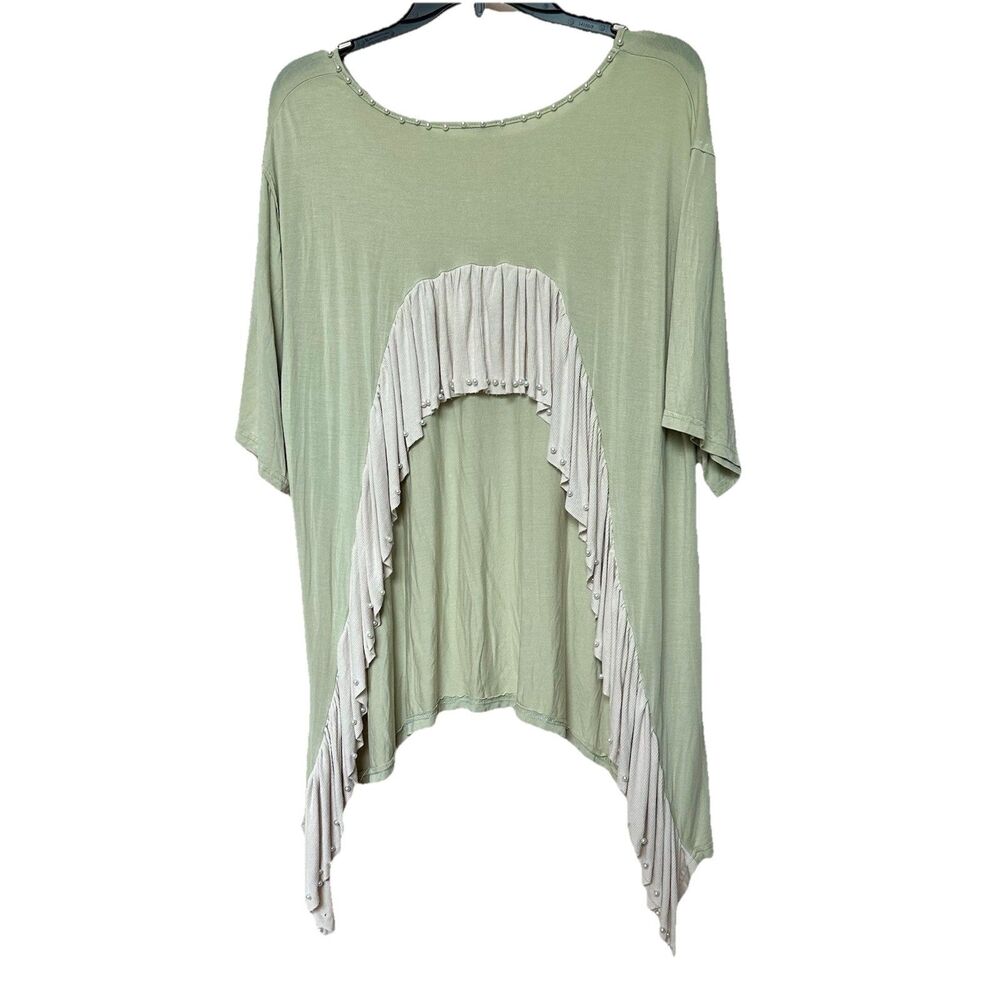 POL Tunic Med Sage Green Sharkbite Hem Faux Pearls Oversized Exposed Back Indie